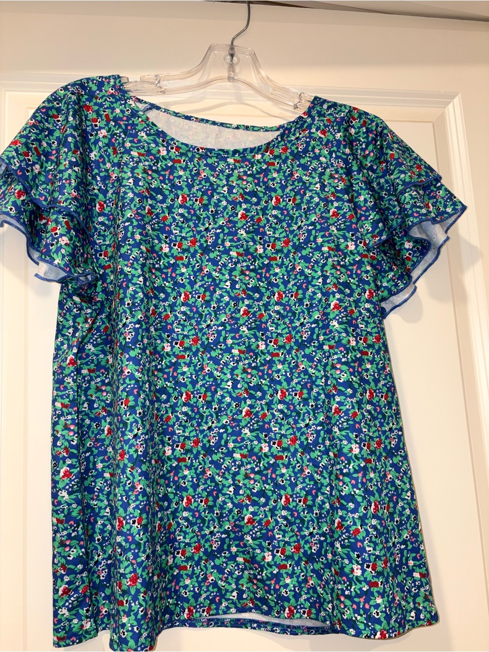 SHEIN Blue Floral Ruffle Sleeve Blouse